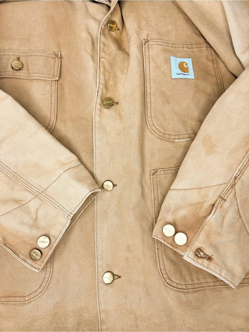 Vintage Carhartt Chore Jacket Barn Tan Duck Canvas Distressed Lined Mens size 44